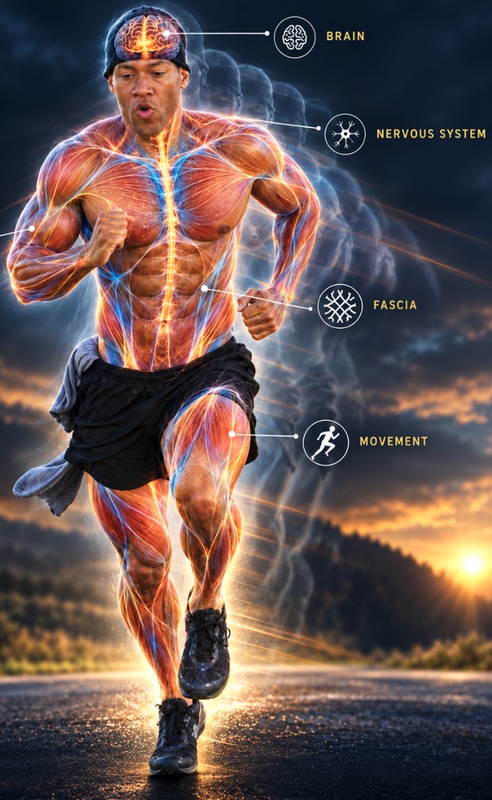Runner with labeled anatomy showing the brain, nervous system, fascia, and movement systems