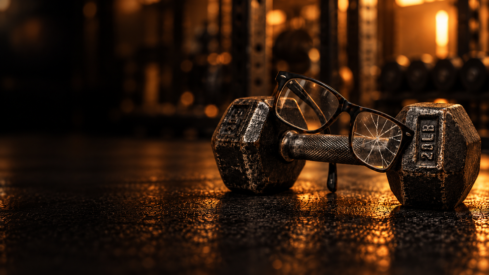 Cracked glasses resting on a dumbbell in an orange-lit gym
