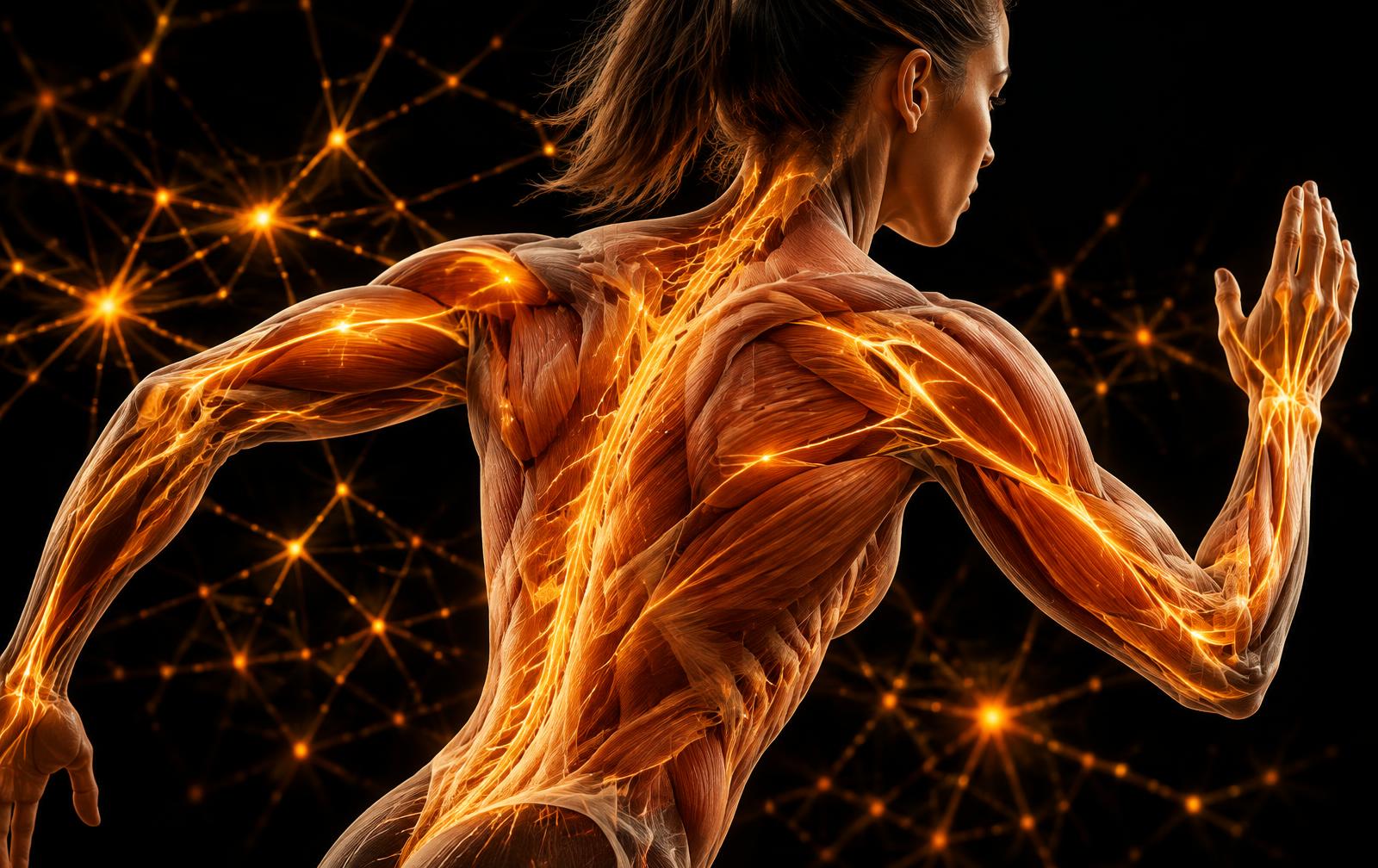 Athletic anatomy with illuminated neural pathways through the muscles